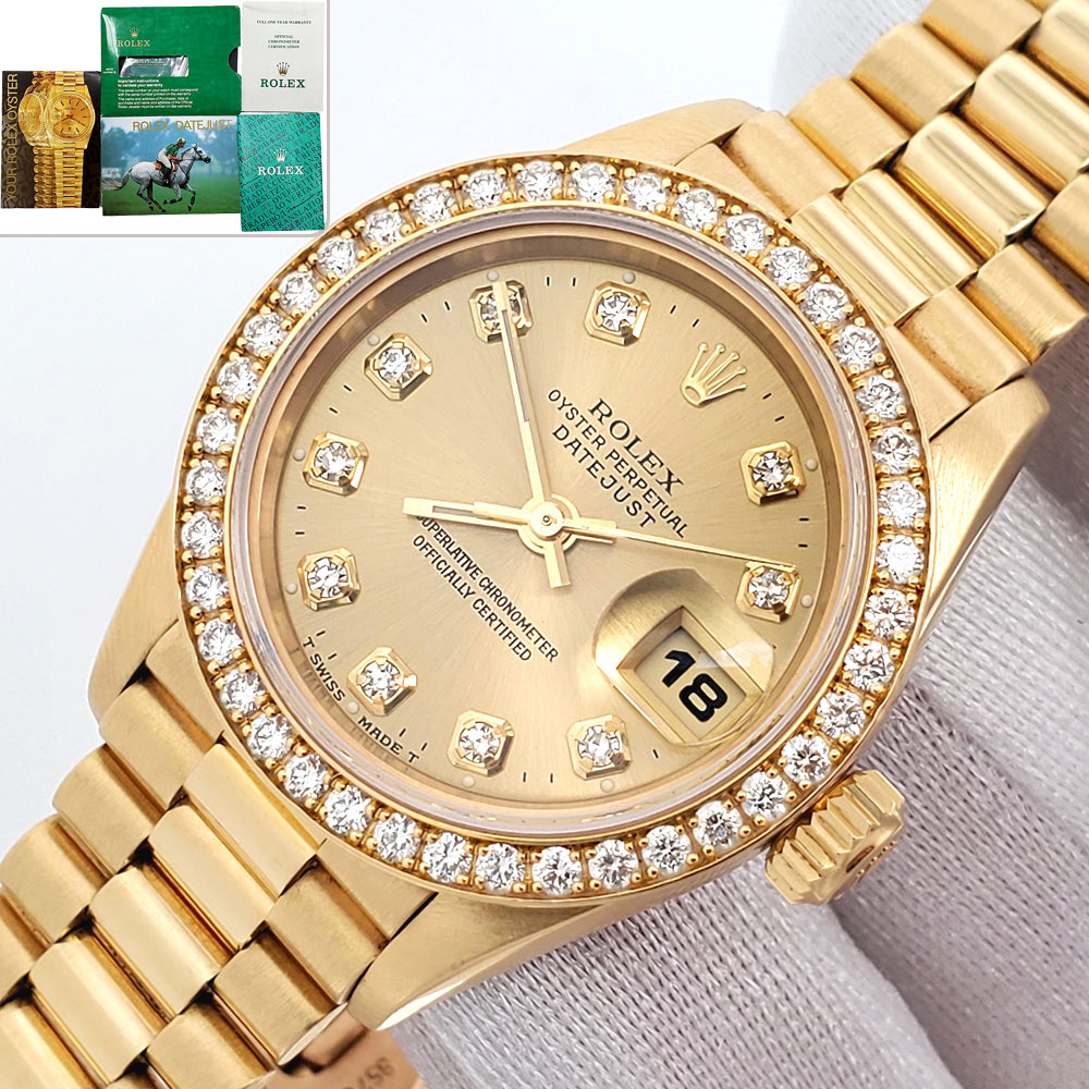 1995 Rolex President Datejust 69138 26mm Factory Champagne Diamond Dial/Bezel Yellow Gold Watch Papers