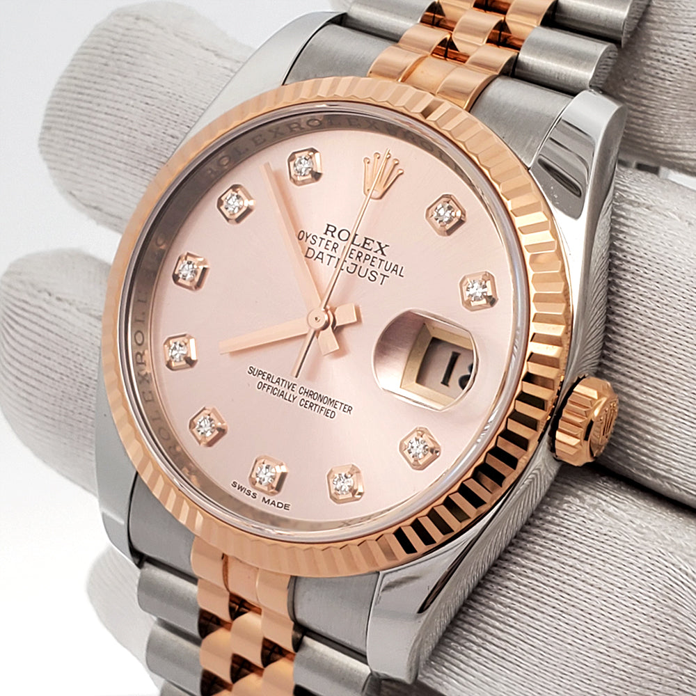 Rolex Datejust 36mm 116231 Factory Pink Diamond Dial 2-Tone Rose Gold Fluted Jubilee Watch