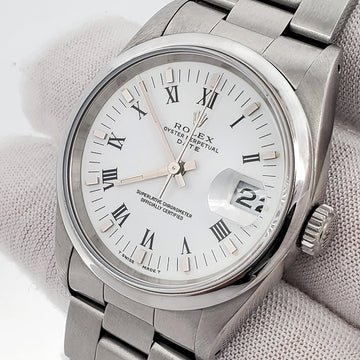 Rolex Date 34mm White Roman Smooth Bezel Steel Watch 15200