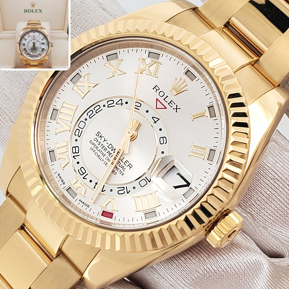 Rolex Sky-Dweller Yellow Gold 326938 Silver Sunray Roman Dial 42mm Oyster Watch