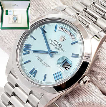 2020 Rolex President Day-Date Ice Blue Roman Dial Platinum 40mm Watch 228206 Box Papers