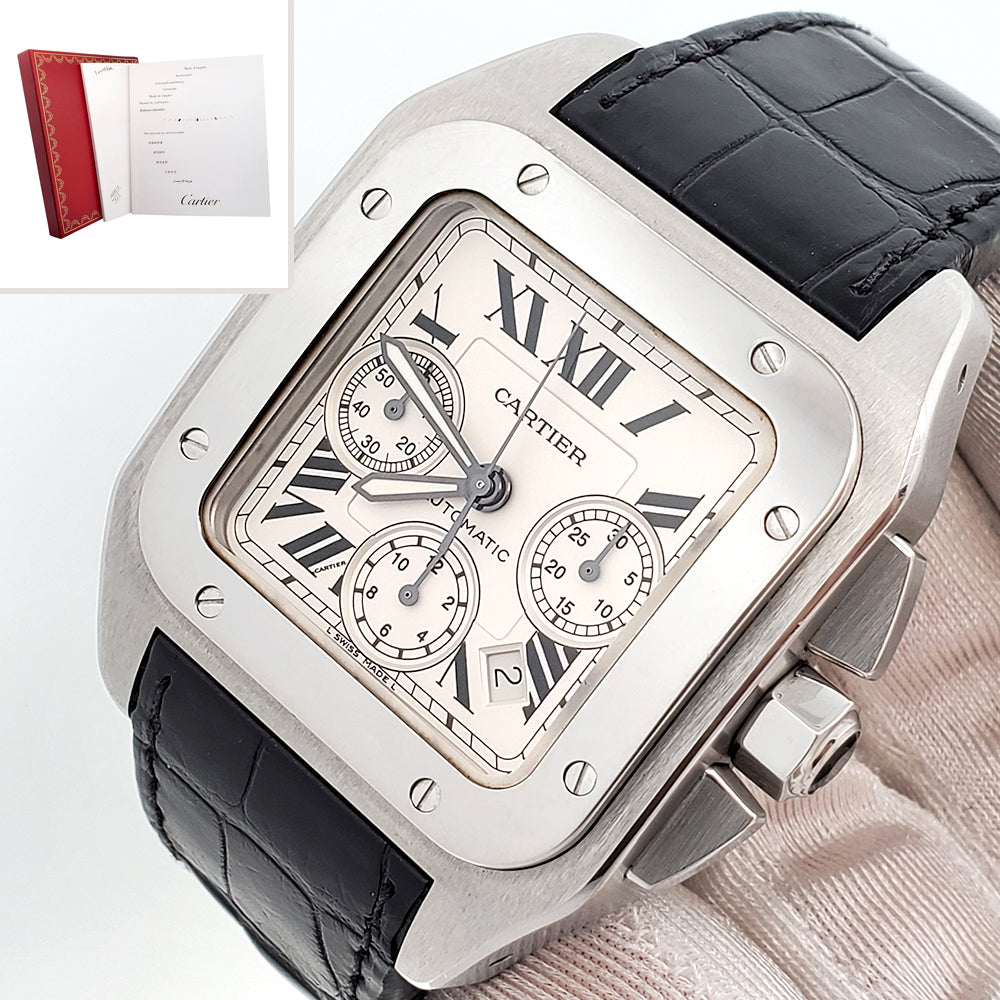 Cartier Santos 100 XL Chronograph White Roman Dial Stainless Steel Watch W20090X8 2740 Papers