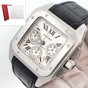 Cartier Santos 100 XL Chronograph White Roman Dial Stainless Steel Watch W20090X8 2740 Papers