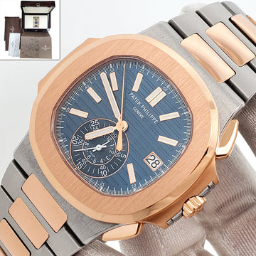 2016 Patek Philippe Nautilus Chronograph 5980/1AR-001 Blue Dial 2-Tone Rose Gold/Steel Watch Box Papers