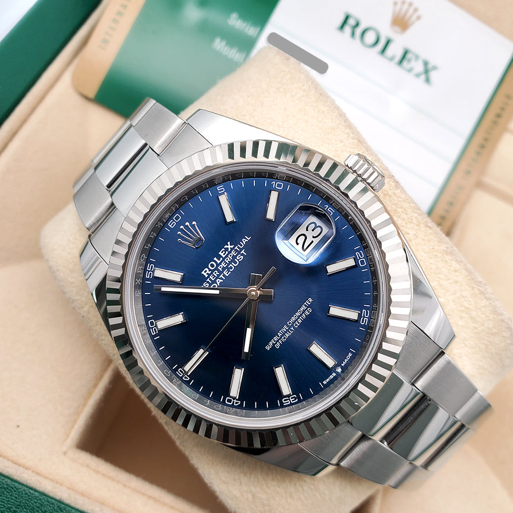 Rolex Datejust 41 Blue Index Dial White Gold Fluted Bezel Watch 126334 2019 Box Papers