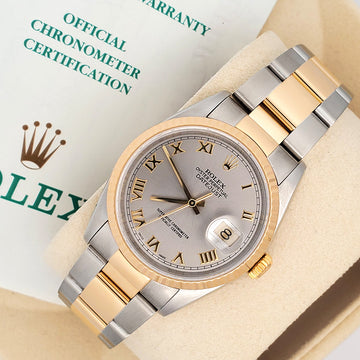 Rolex Datejust 36mm 16233 Gray Roman Dial Yellow Gold/Steel Watch Box papers