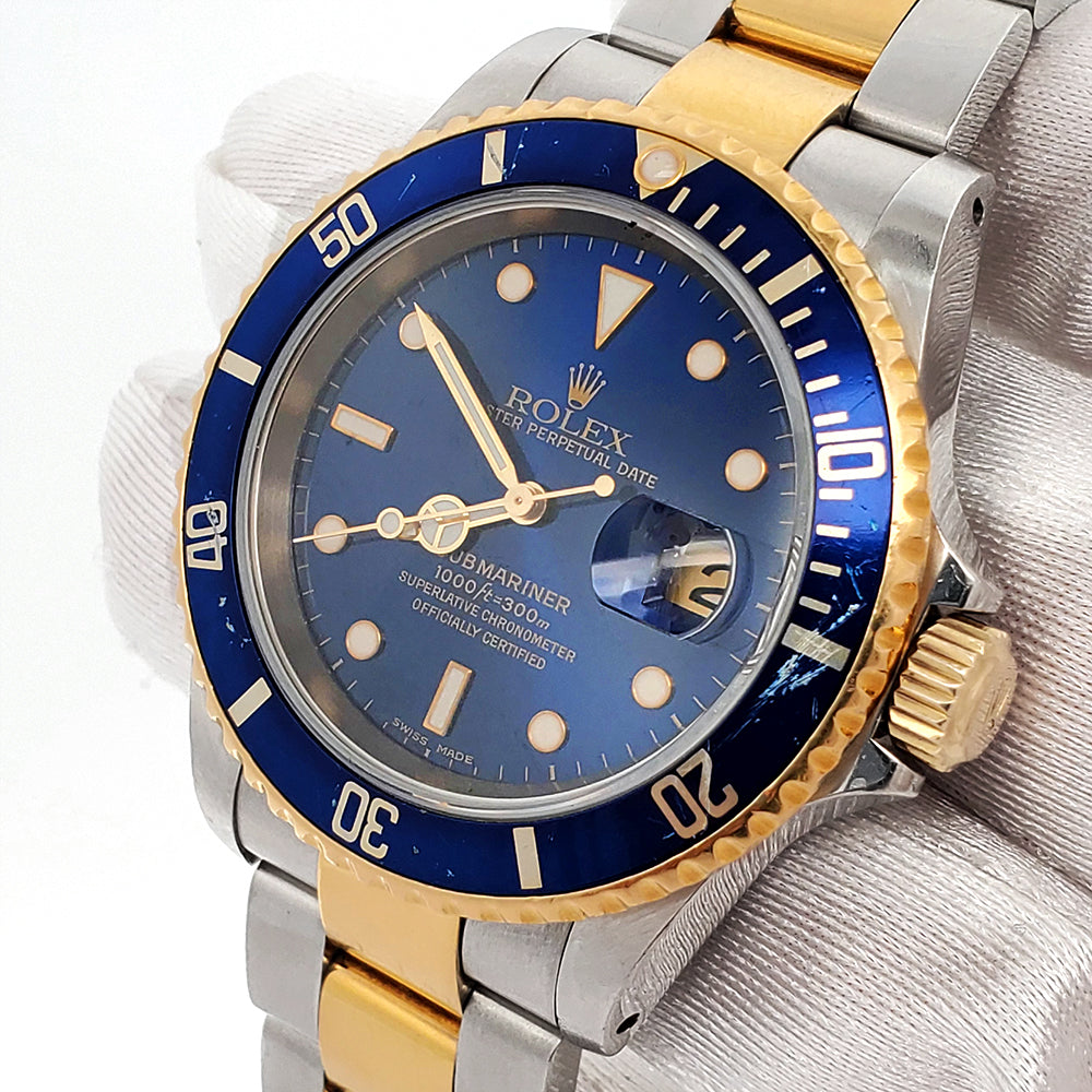 Rolex Submariner Date 40mm Blue Dial/Bezel 2-Tone Yellow Gold/Stainless Steel Watch 16613 Box Papers