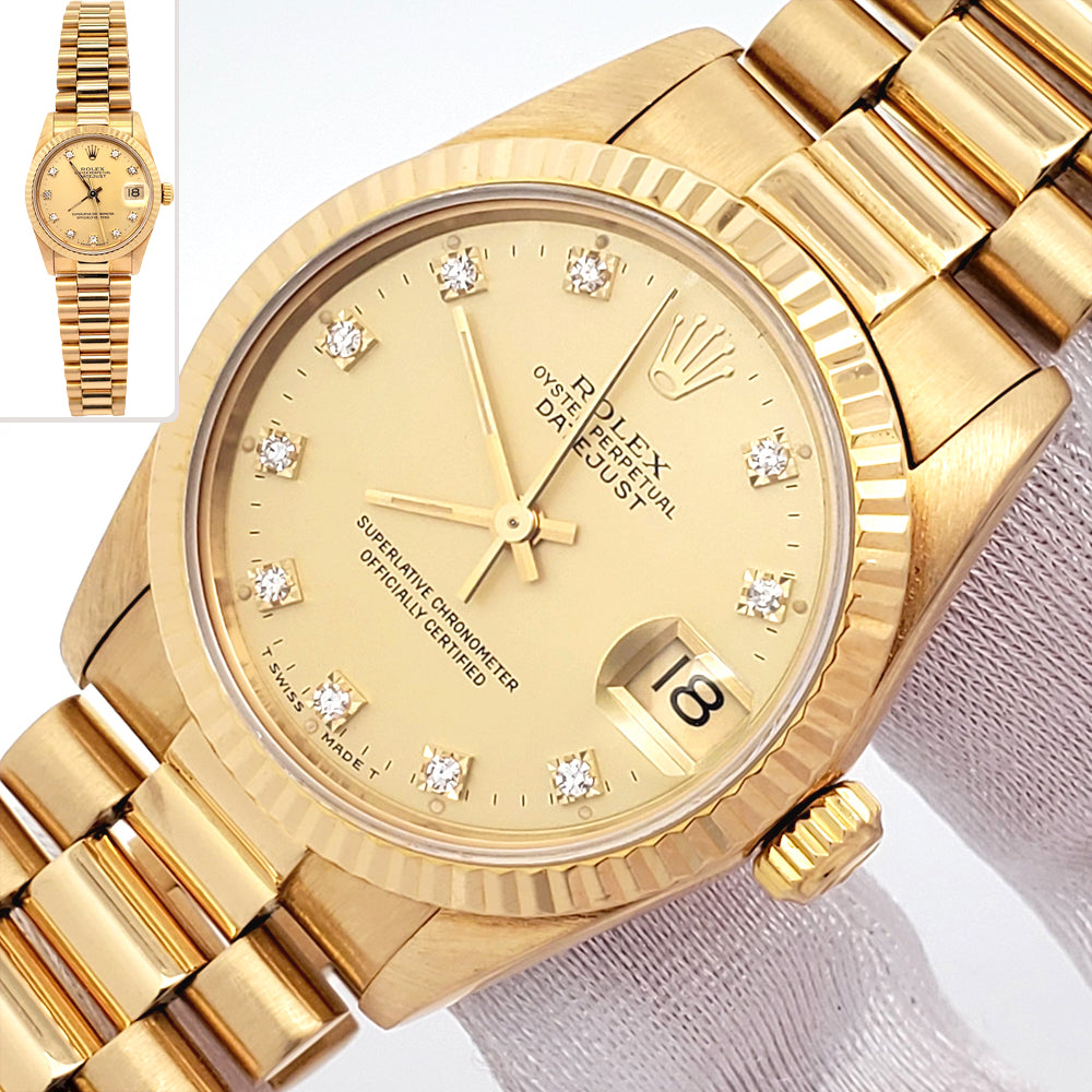 Rolex President Datejust 31mm Factory Champagne Diamond Yellow Gold Watch 68278