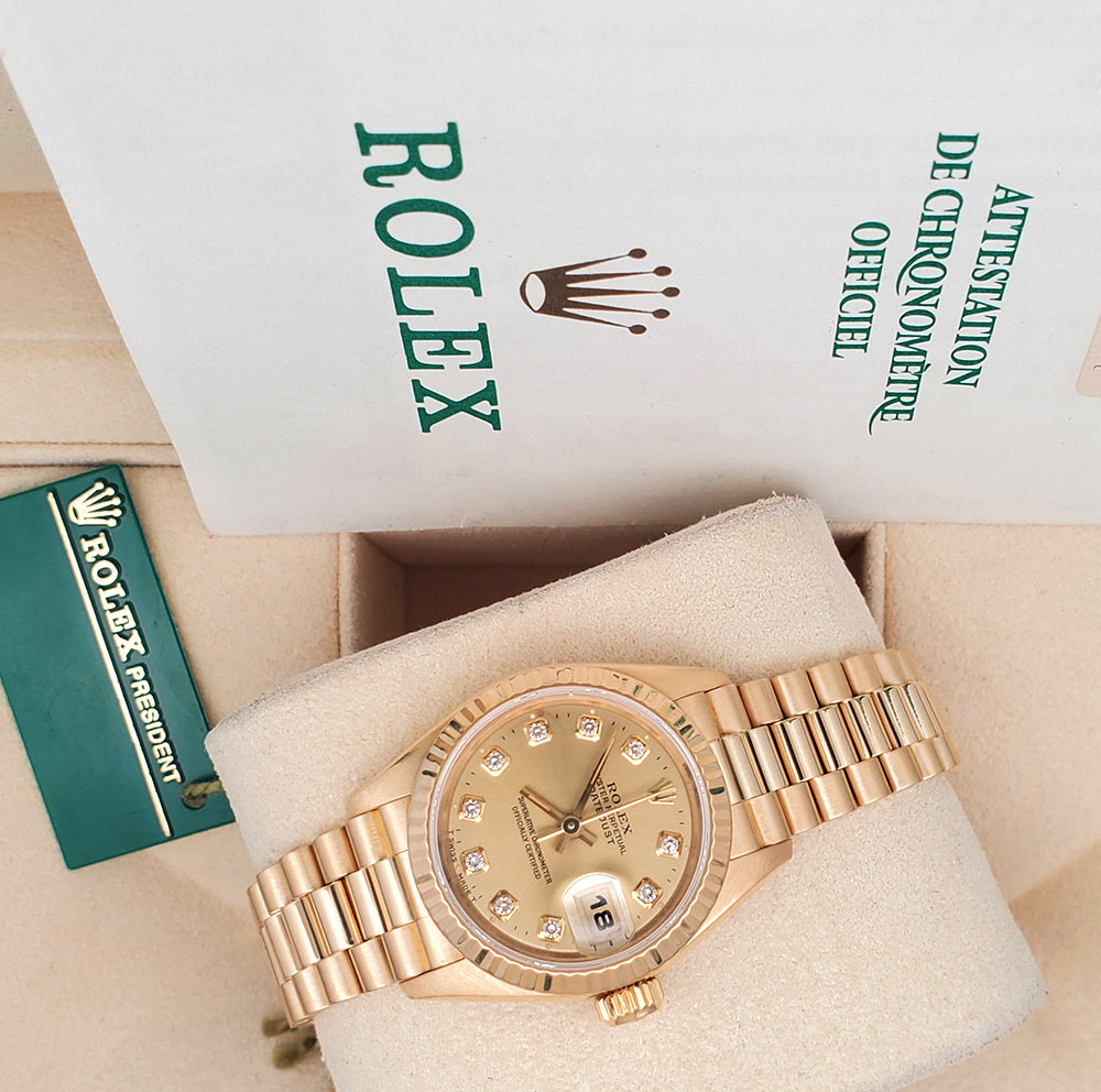 Rolex President Ladies 26mm Factory Champagne Diamond Dial Yellow Gold Watch 69178 Box Papers
