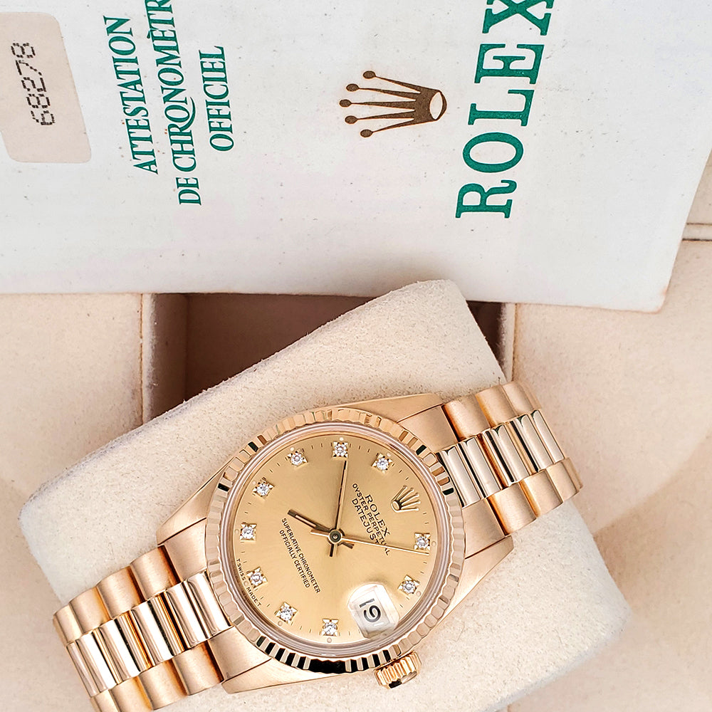 Rolex President Datejust 31mm Factory Champagne Diamond Yellow Gold midsize Watch 68278 Box Papers