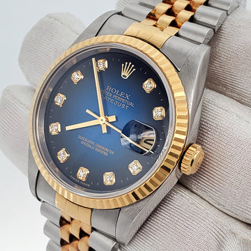 Rolex Datejust 36mm Factory Blue Vignette Diamond Dial Yellow Gold/Steel Watch 16233 Box Papers