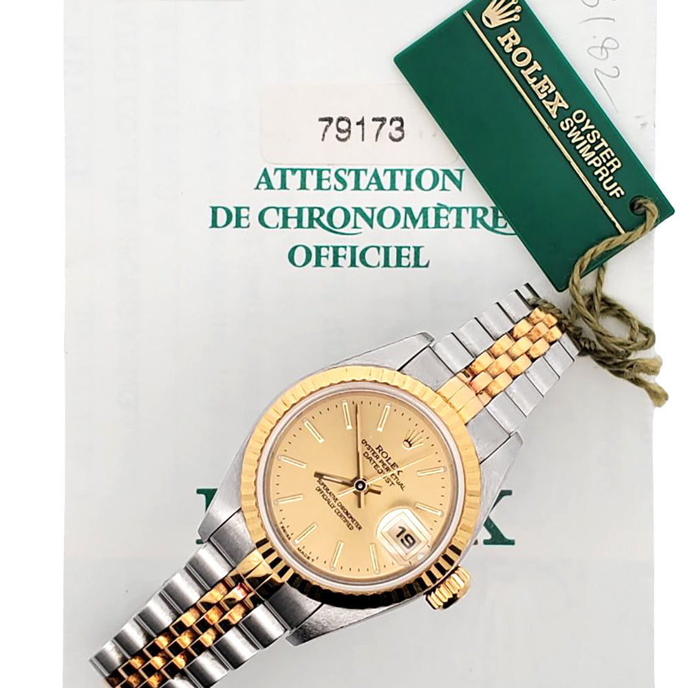 Rolex Datejust 26mm Champagne Index Dial 2-Tone Yellow Gold Fluted Jubilee Watch 79173