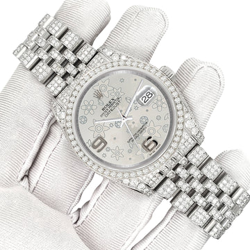 Rolex Datejust 36mm Silver Floral Dial Pave 10.2ct Iced Diamond Jubilee Watch 116200 Box Papers