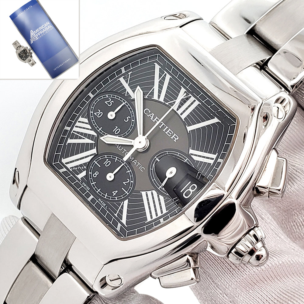 Cartier Roadster Black Roman XL Chronograph 43mm Steel Watch W62019X6 2618