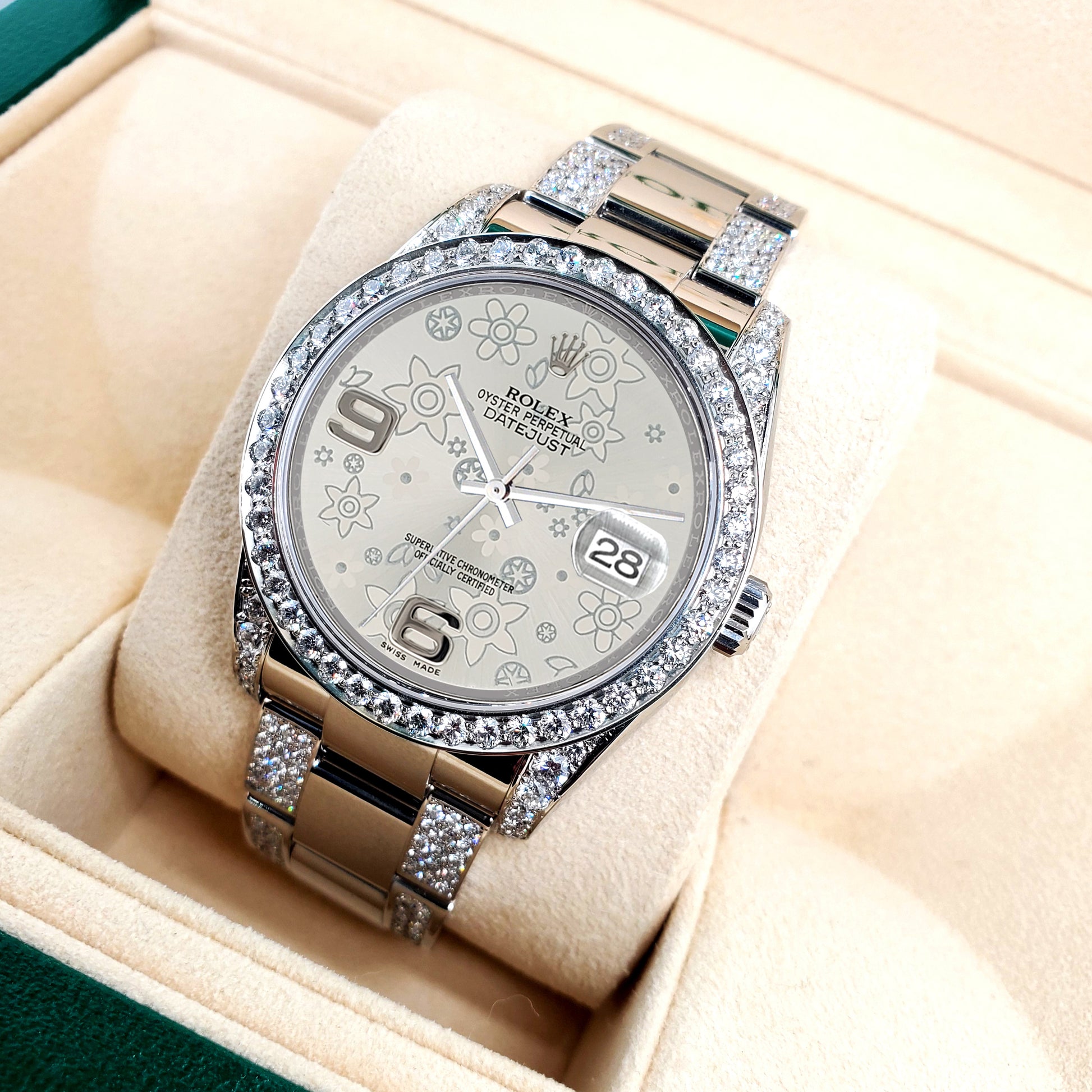 Rolex Datejust 36mm 5.9ct Diamond Bezel/Lugs/Bracelet/Silver Floral Dial Steel Watch 116200 Box Papers