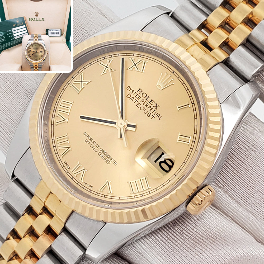 Rolex Datejust 36mm 116233 2-Tone Champagne Roman Dial Jubilee Watch Box/Papers/Tag