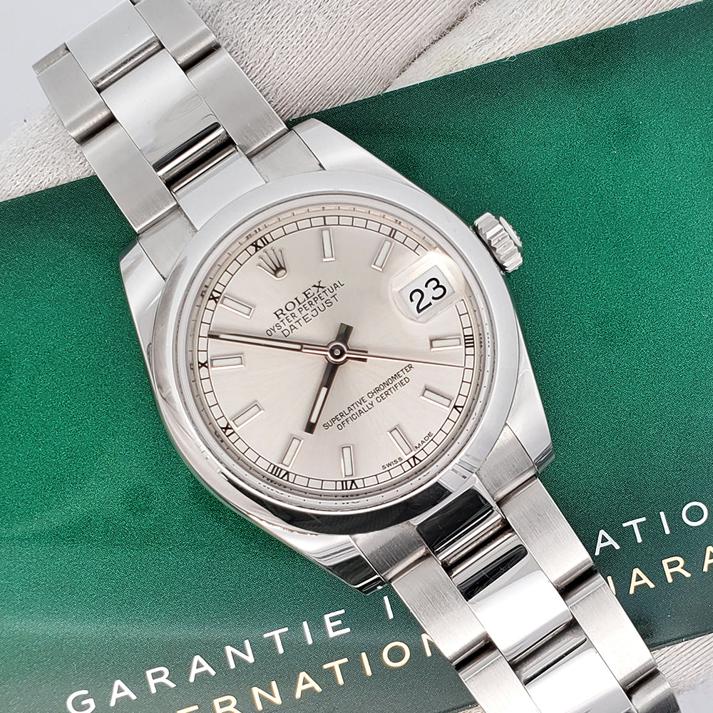 Get the best Rolex Datejust 31mm Silver Stick Dial Domed Bezel Steel 178240 Watch from ElegantSwiss! Shop our authentic, high-quality products today!