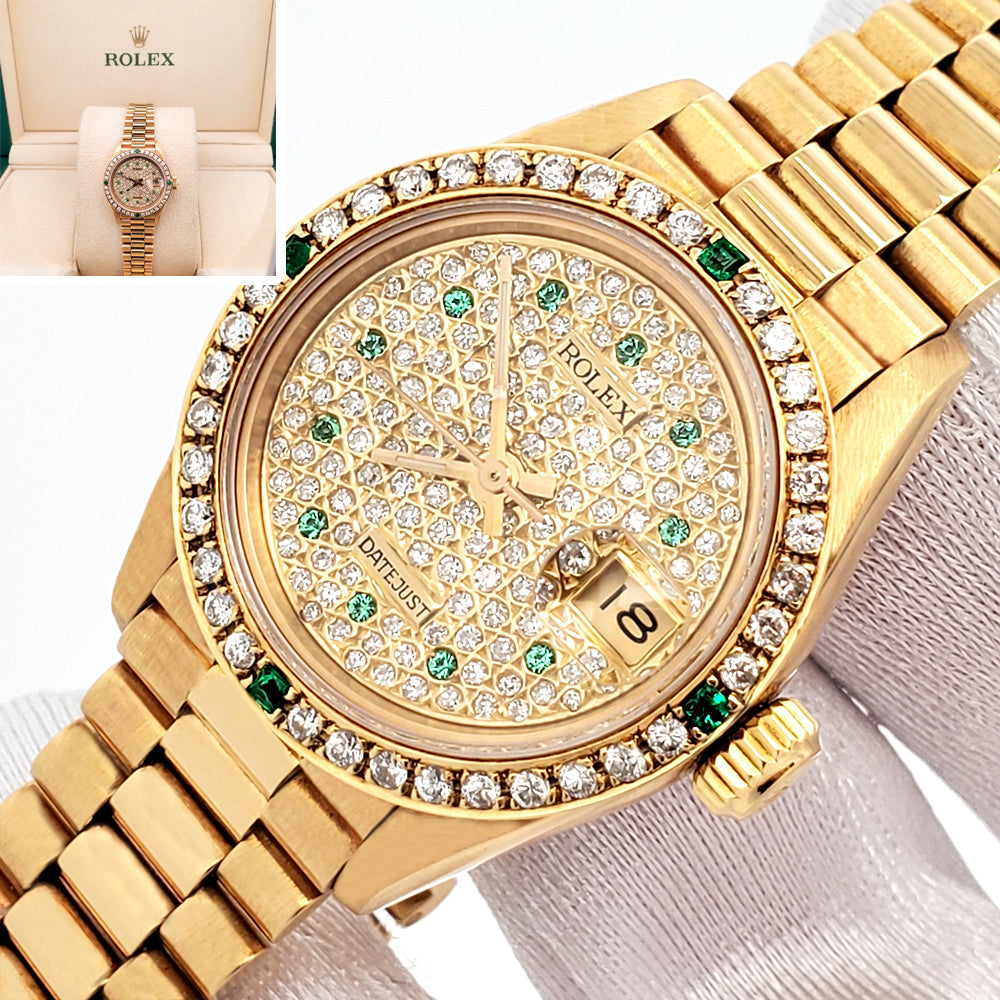 Rolex President Ladies Custom Diamond Pave Ruby Dial/Bezel Yellow Gold Watch 26mm 69178