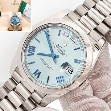 2020 Rolex President Day-Date Ice Blue Quadrant Motif Roman Dial Platinum 40mm Watch 228206 Box Papers