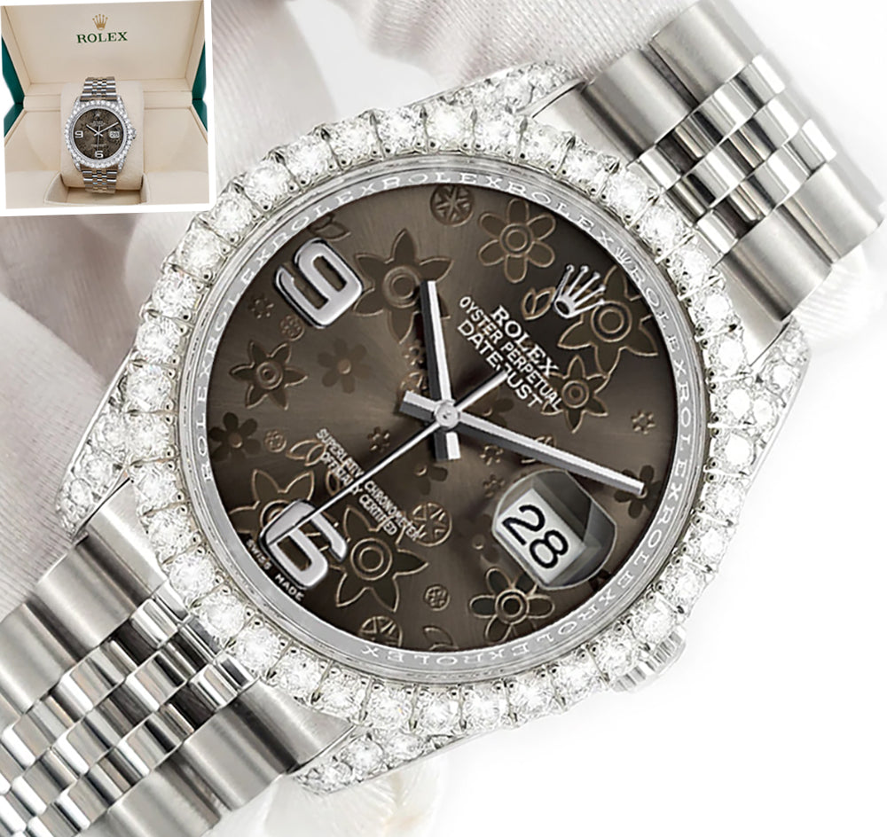 Rolex Datejust 116200 36mm 3.9CT Diamond Bezel/Lugs/Rhodium Floral Dial Steel Watch