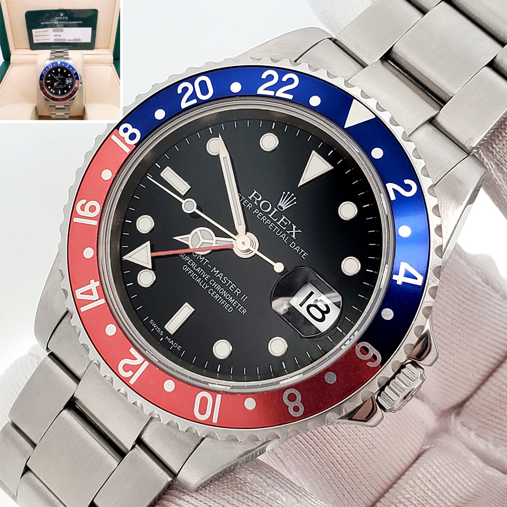 Rolex GMT-Master II 40mm Pepsi Bezel Rare Stick Dial Steel Watch 16710 Box/Service Papers