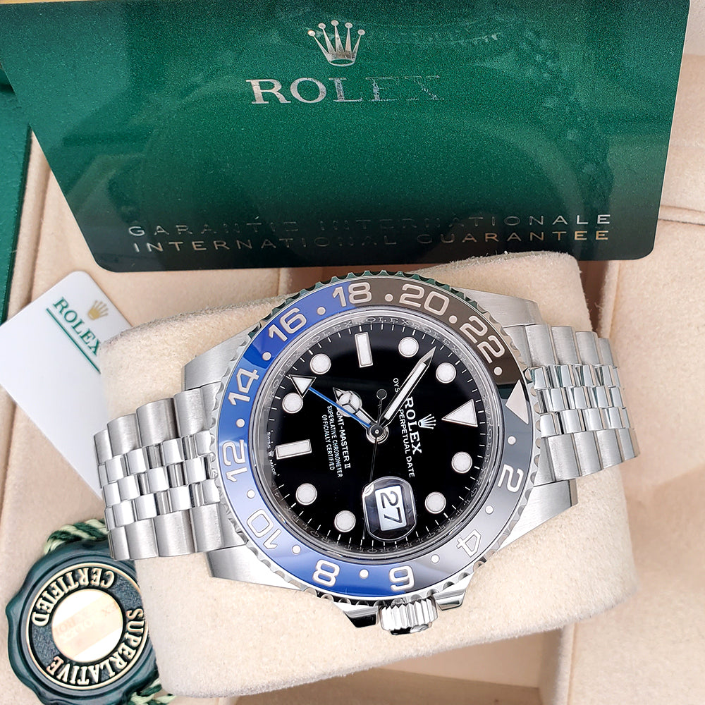 Unworn 2024 Rolex GMT-Master II 40mm Batgirl Blue/Black Bezel Jubilee Steel Watch 126710BLNR Box Papers