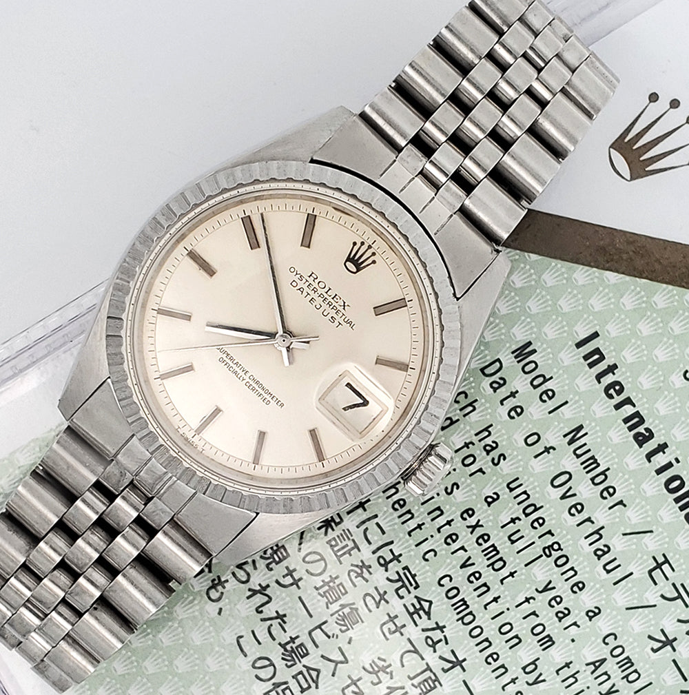 Rolex Datejust 36mm Silver Index Engine Turned Bezel Steel Jubilee Watch 1603 Service Papers