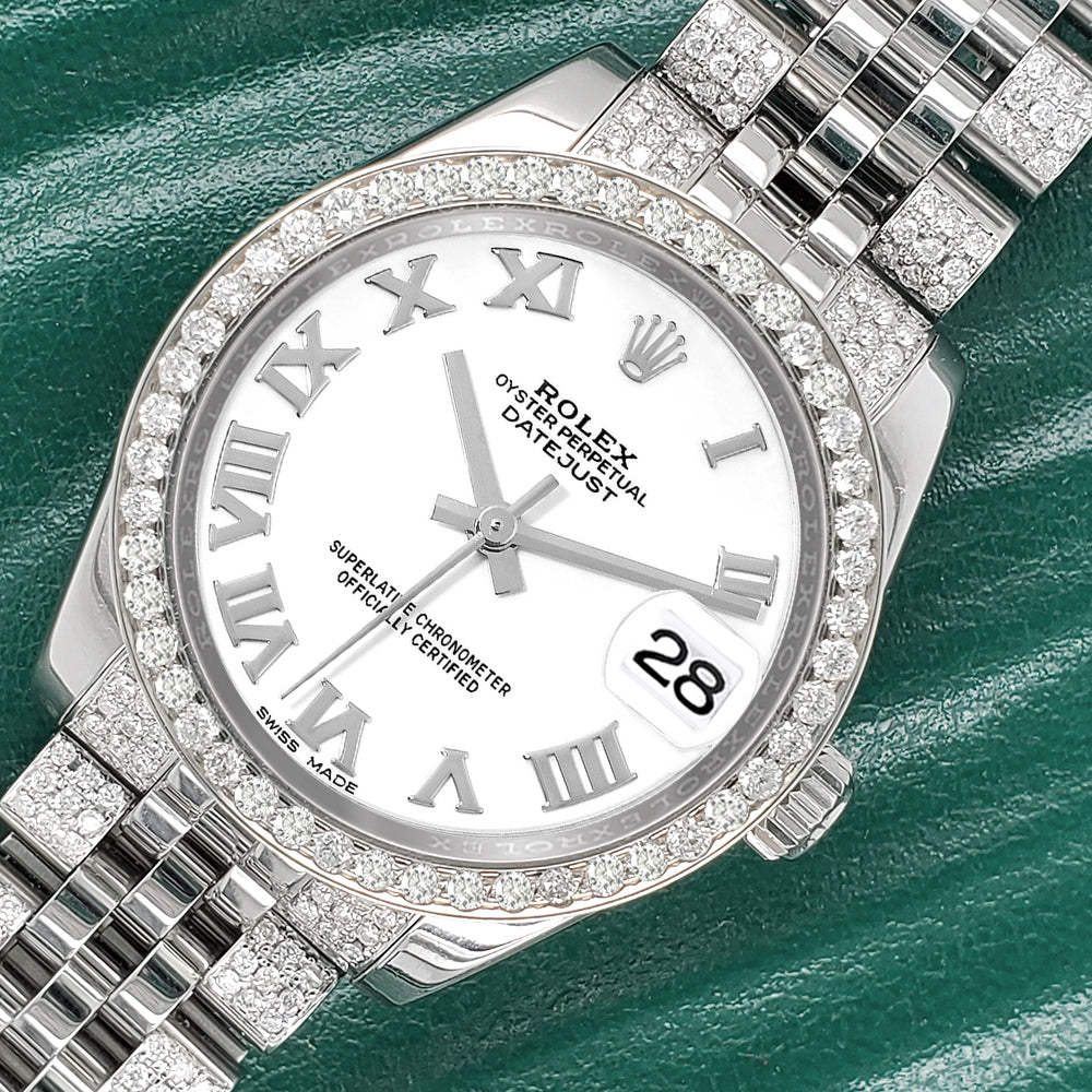 Rolex Datejust 31mm White Roman Dial 3.30ct Diamond Bezel/Bracelet Steel Watch 178240