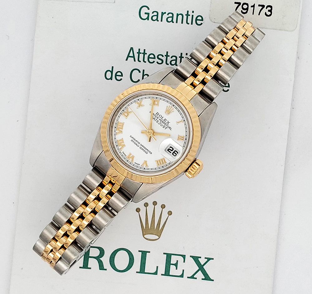 Rolex Datejust 26mm 79173 White Roman 2-Tone Yellow Gold/Steel Jubilee Watch Papers