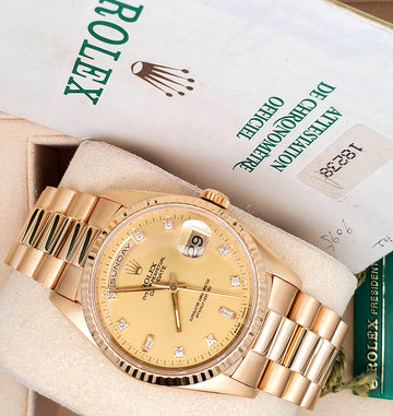 Rolex President Day-Date 36mm Factory Diamond Dial Double-Quick Yellow Gold Watch 18238 Box Papers