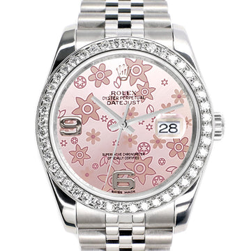Rolex Datejust 36MM Pink Floral Dial Steel Jubilee Watch with 1.85CT Custom Diamond Bezel 116200