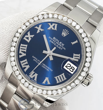 Rolex Datejust Midsize 31mm 178240 Blue Roman Dial Watch With 0.95ct Diamond Bezel