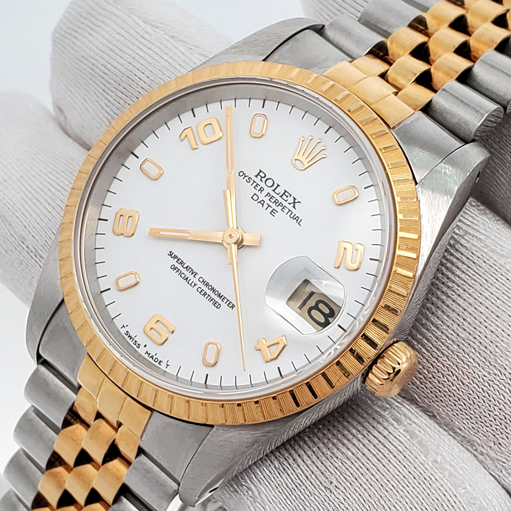 Rolex Date 34mm White Arabic Index Dial 2-Tone Watch 15223