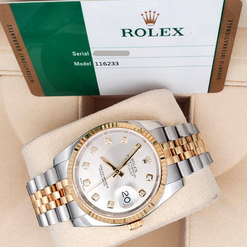 Rolex Datejust 36mm Silver Diamond Dial 2-Tone Yellow Gold/Steel Jubilee Watch 116233 Box Papers