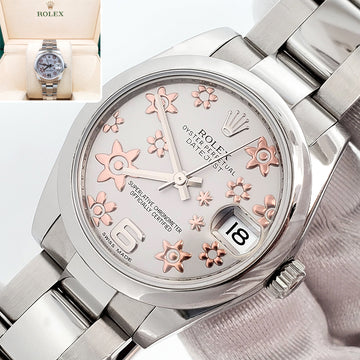 Rolex Datejust Midsize Rose Floral Dial Steel Oyster 31mm Watch 178240 Box/Apr