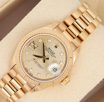 Rolex 28mm President Datejust Yellow Gold Factory Star Champagne Diamond Dial  Watch 279178