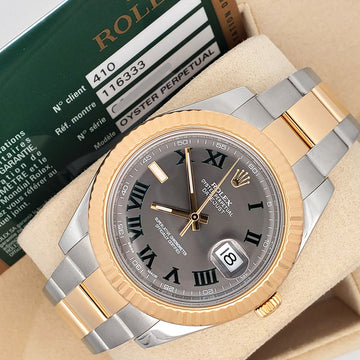 Rolex Datejust II 2-tone Yellow Gold/Steel 41mm Grey Roman Dial Automatic Watch 116333 Box Papers