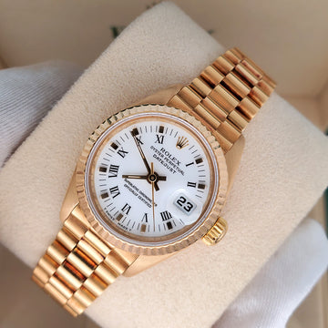 Rolex President Ladies 26mm 69178 White Roman Dial Yellow Gold Watch Box Papers