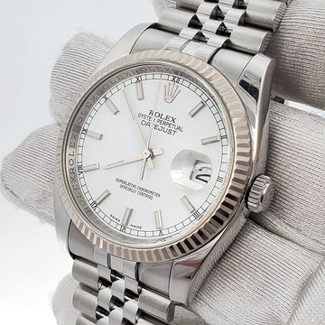 Rolex Datejust 36mm White Dial White Gold Fluted Bezel Steel Jubilee Watch 116234