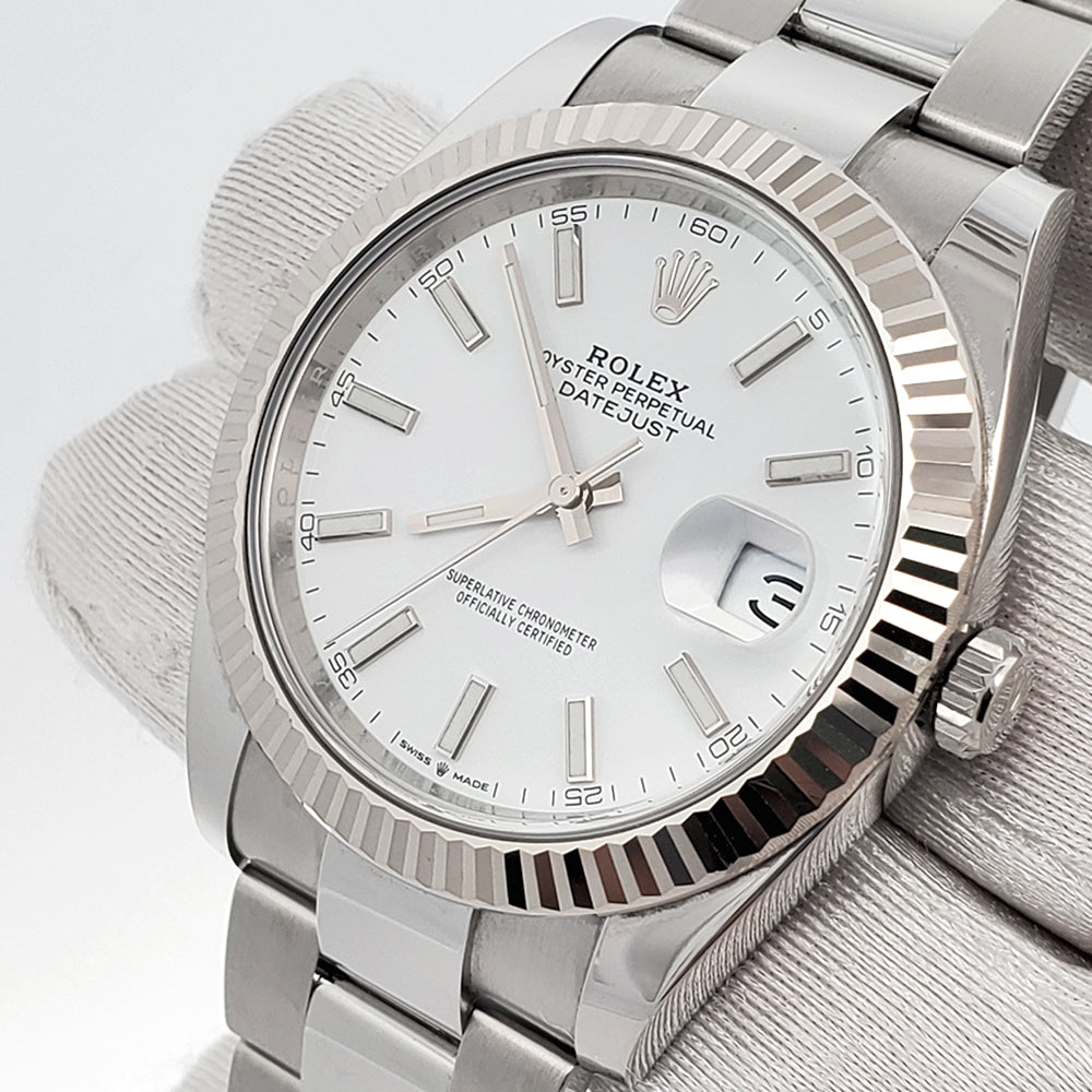 Rolex Datejust 41 126334 White Stick Dial White Gold Fluted Bezel Watch 2020 Box Papers