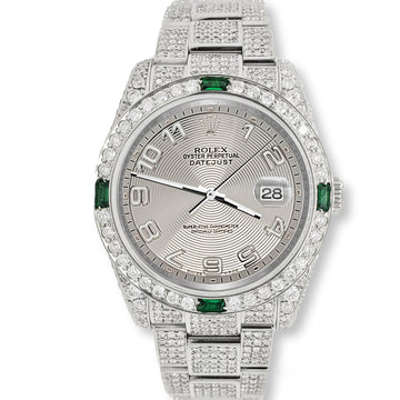 Rolex Datejust 36mm 12.4ct Diamonds Emeralds Bezel/Case/Bracelet Silver Concentric Arabic Dial Steel Watch Box Papers