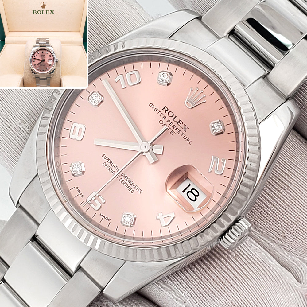 Rolex Factory Salmon Diamond Oyster Perpetual Date 34mm White Gold Fluted Bezel Steel Watch 115234