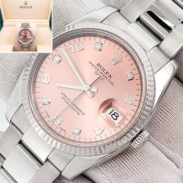 Rolex Factory Salmon Diamond Oyster Perpetual Date 34mm White Gold Fluted Bezel Steel Watch 115234
