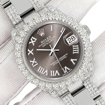 Rolex Datejust 31mm Dark Grey Roman Pave 7.2ct Iced Diamond Watch 178240