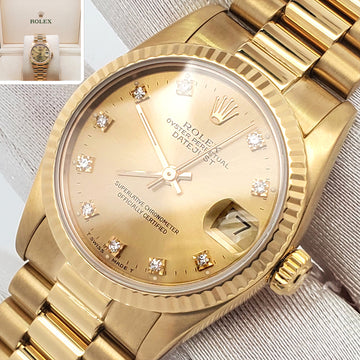 Rolex President Datejust 31mm Factory Champagne Diamond Yellow Gold Watch 68278