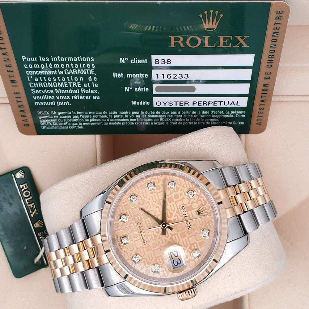 Rolex Datejust 36mm 116233 Factory Champagne Jubilee Diamond 2-tone Yellow Gold/Steel Jubilee Watch Box Papers