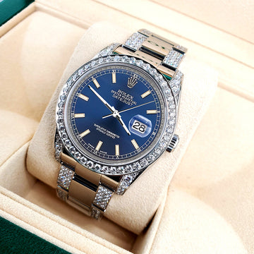 Rolex Datejust 36mm 5.9ct Diamond Bezel/Lugs/Bracelet/Blue Index Dial Steel Watch 116200 Box Papers