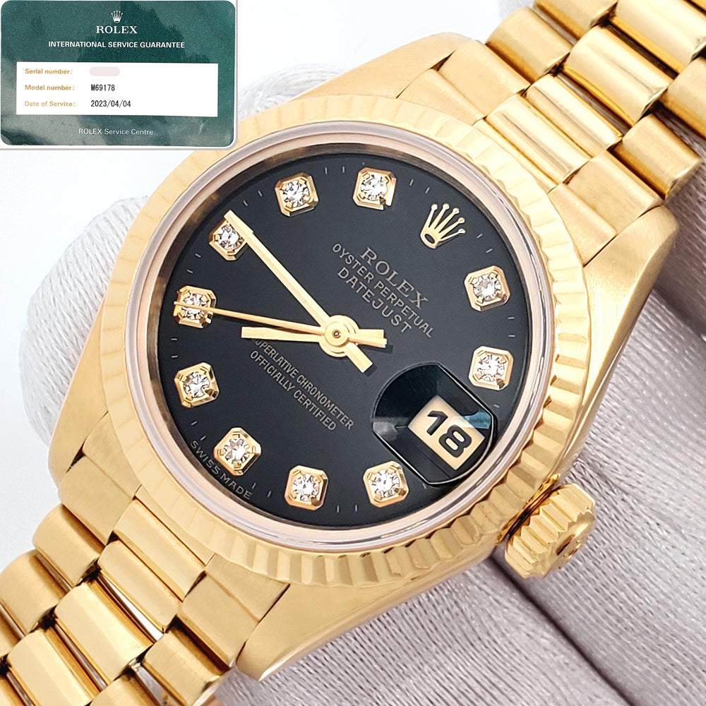 Rolex President Datejust 69178 Factory Black Diamond Dial Yellow Gold 26mm Watch Box Service Papers