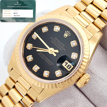 Rolex President Datejust 69178 Factory Black Diamond Dial Yellow Gold 26mm Watch Box Service Papers