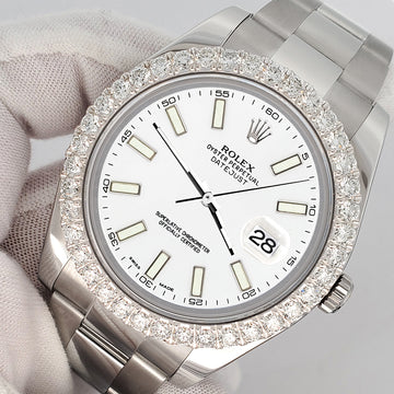 Rolex Datejust II 41mm 3.8ct Diamond Bezel/White Index Dial Steel Watch 116300 Box Papers